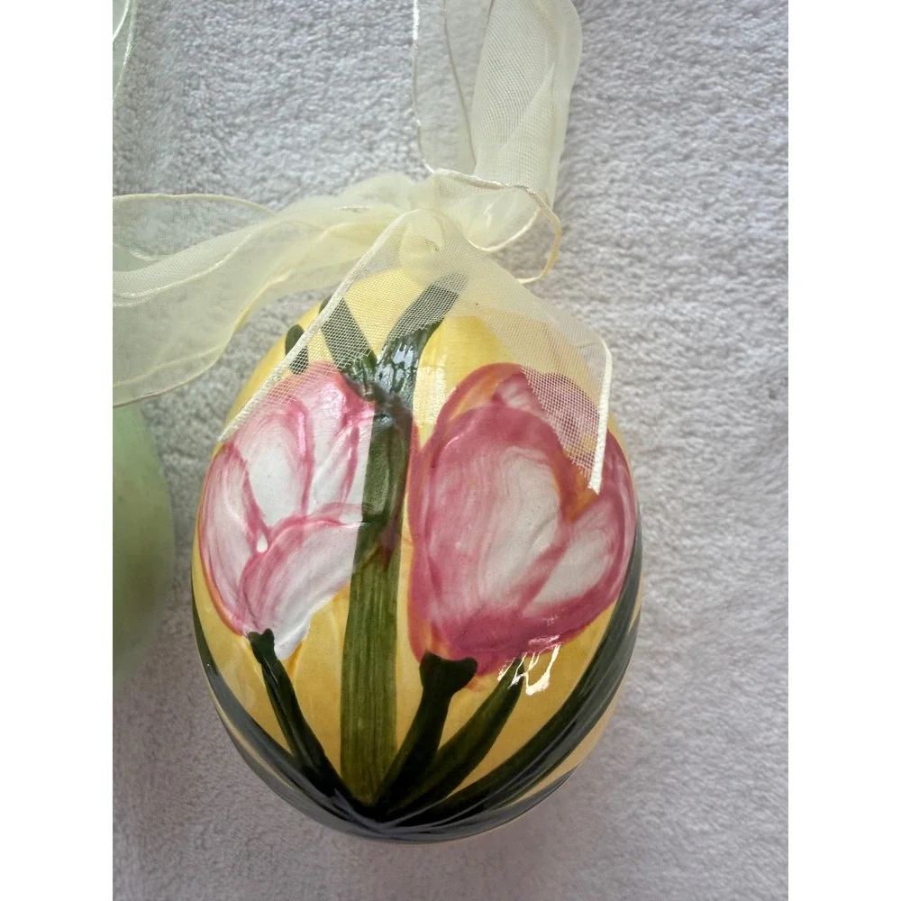 Vintage Set of 2‎ Floral Hand Painted Ceramic Egg Ornaments Sunflowers Tulips